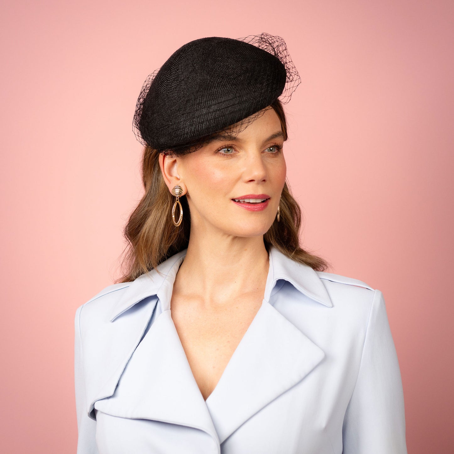 Clementine Straw Beret with veiling in Black Spring Racing Headpiece