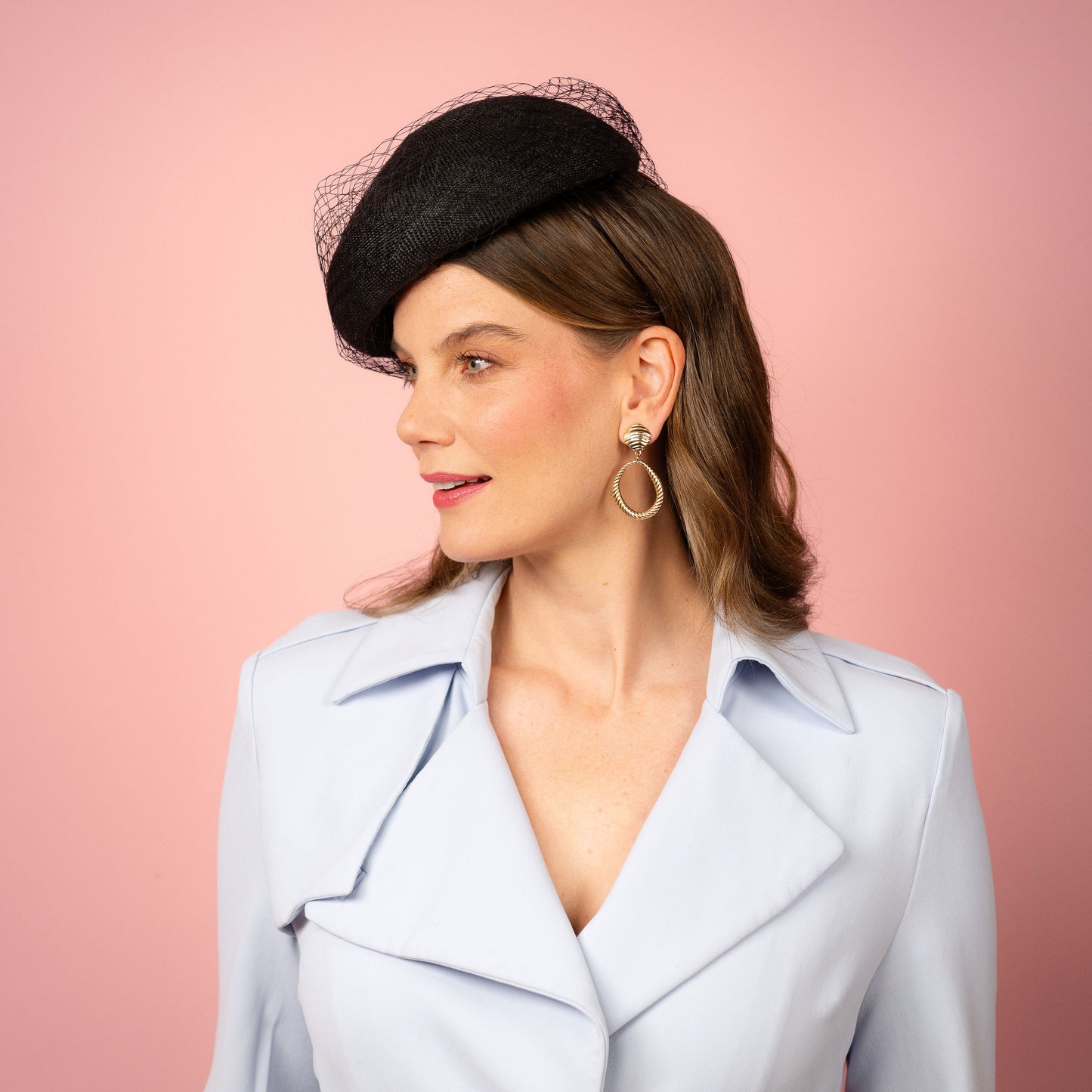 Clementine Straw Beret with veiling in Black Spring Racing Headpiece