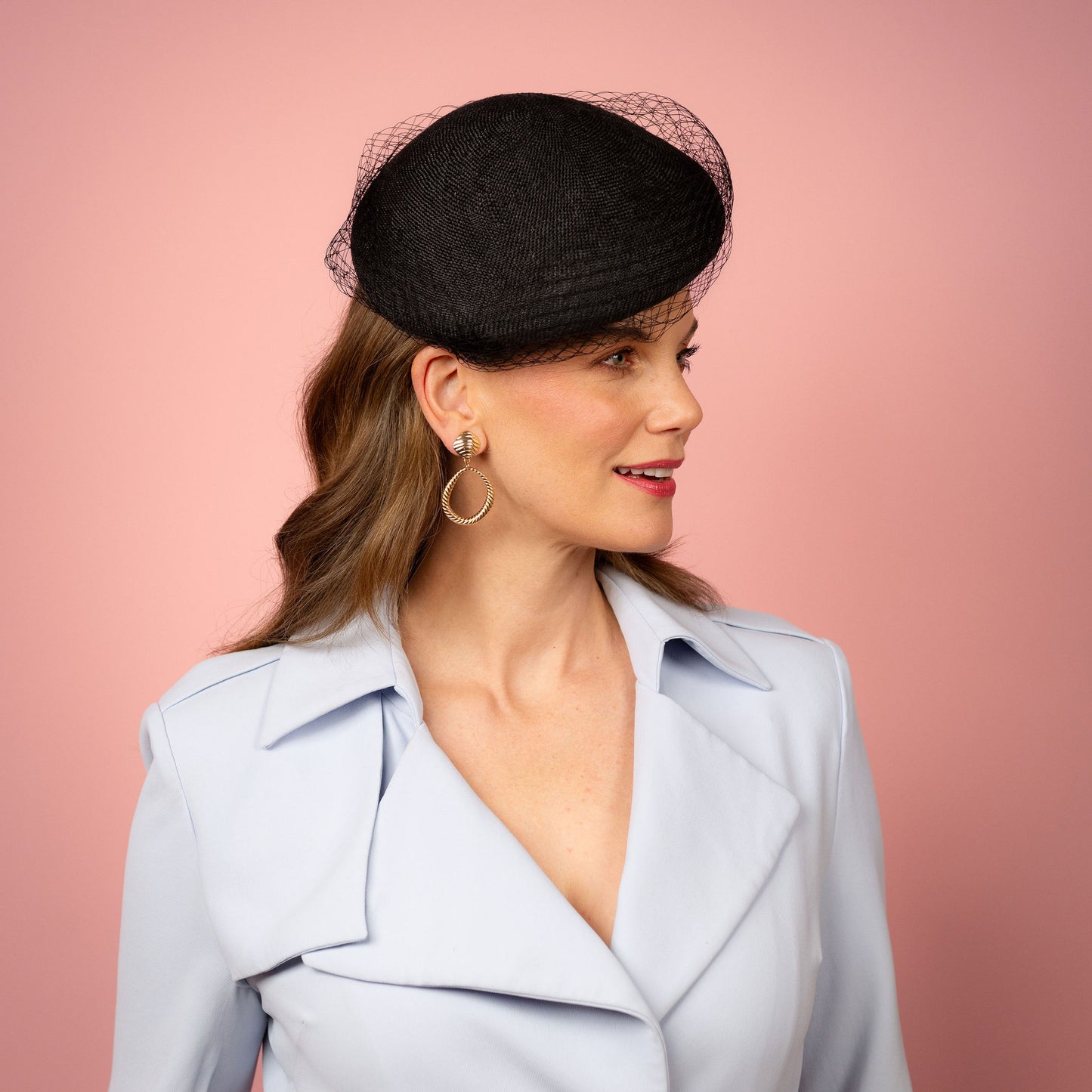 Clementine Straw Beret with veiling in Black Spring Racing Headpiece