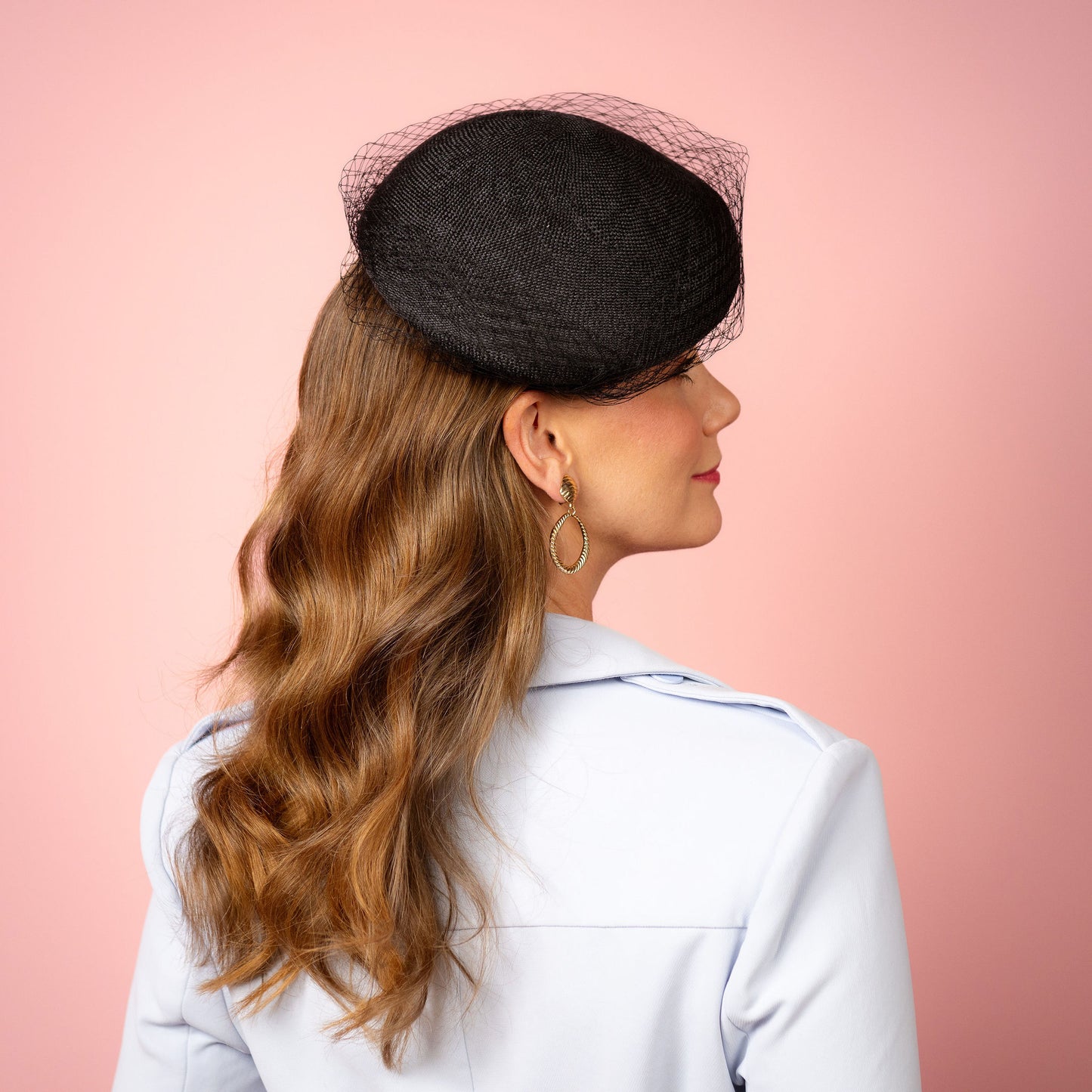 Clementine Straw Beret with veiling in Black Spring Racing Headpiece