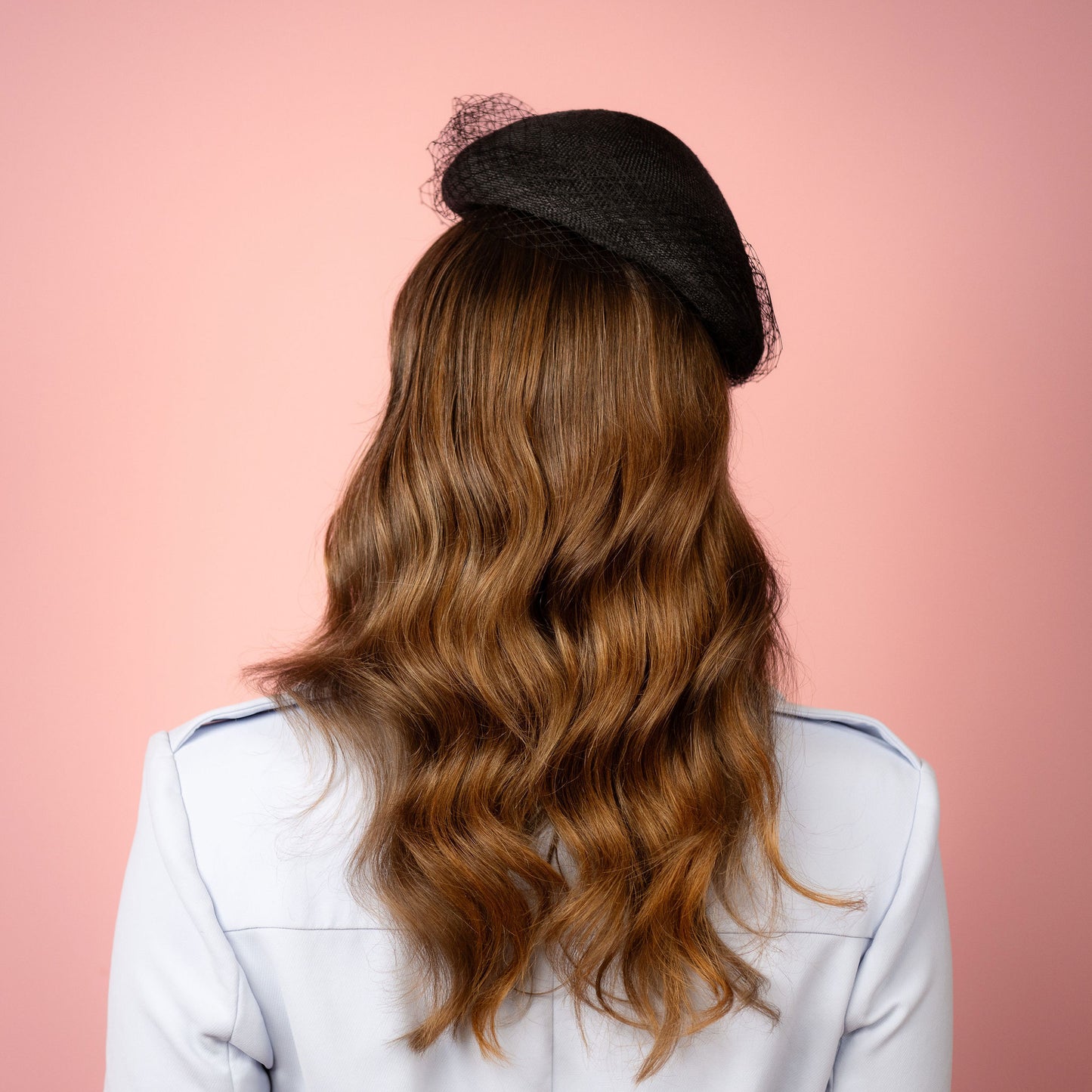 Clementine Straw Beret with veiling in Black Spring Racing Headpiece