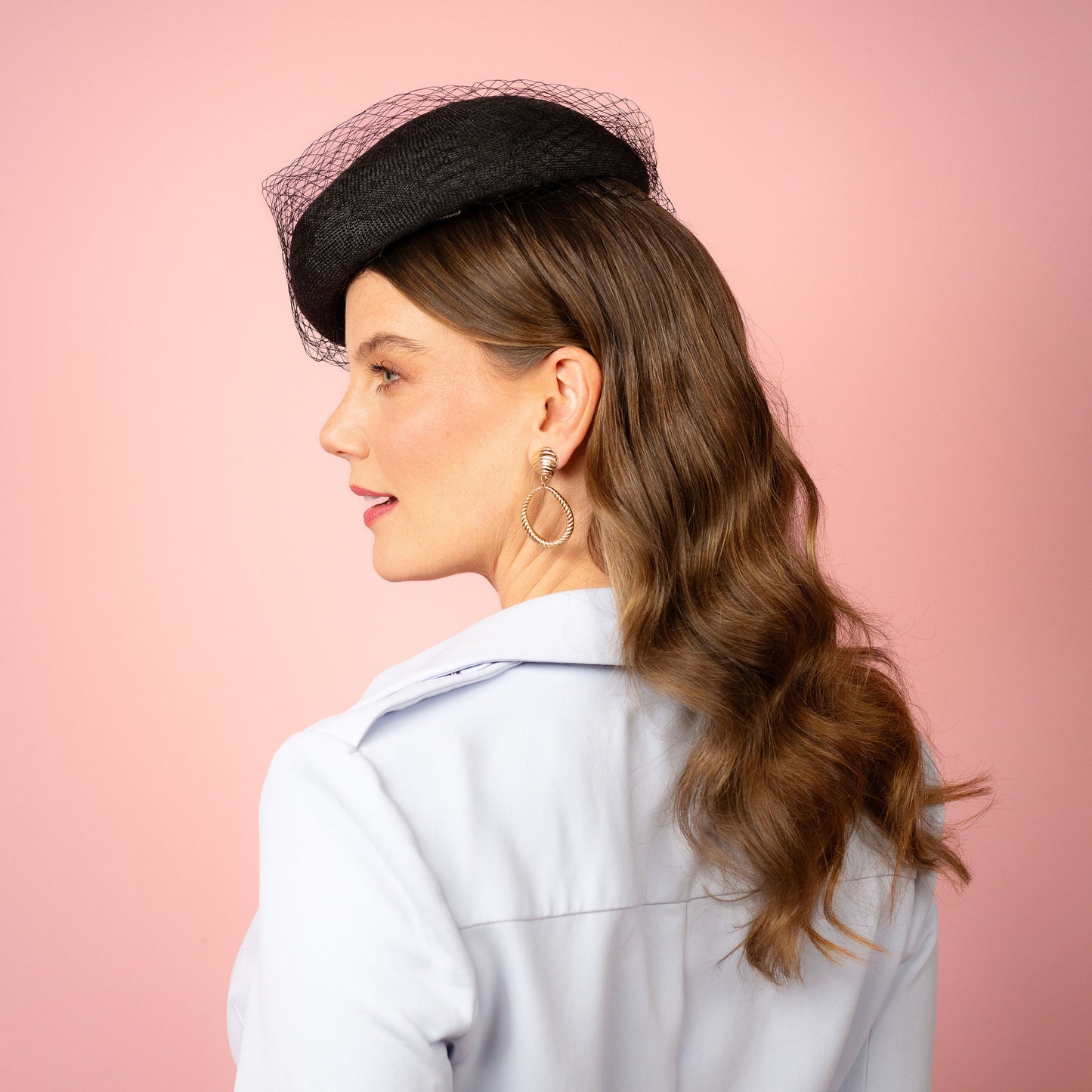 Clementine Straw Beret with veiling in Black Spring Racing Headpiece