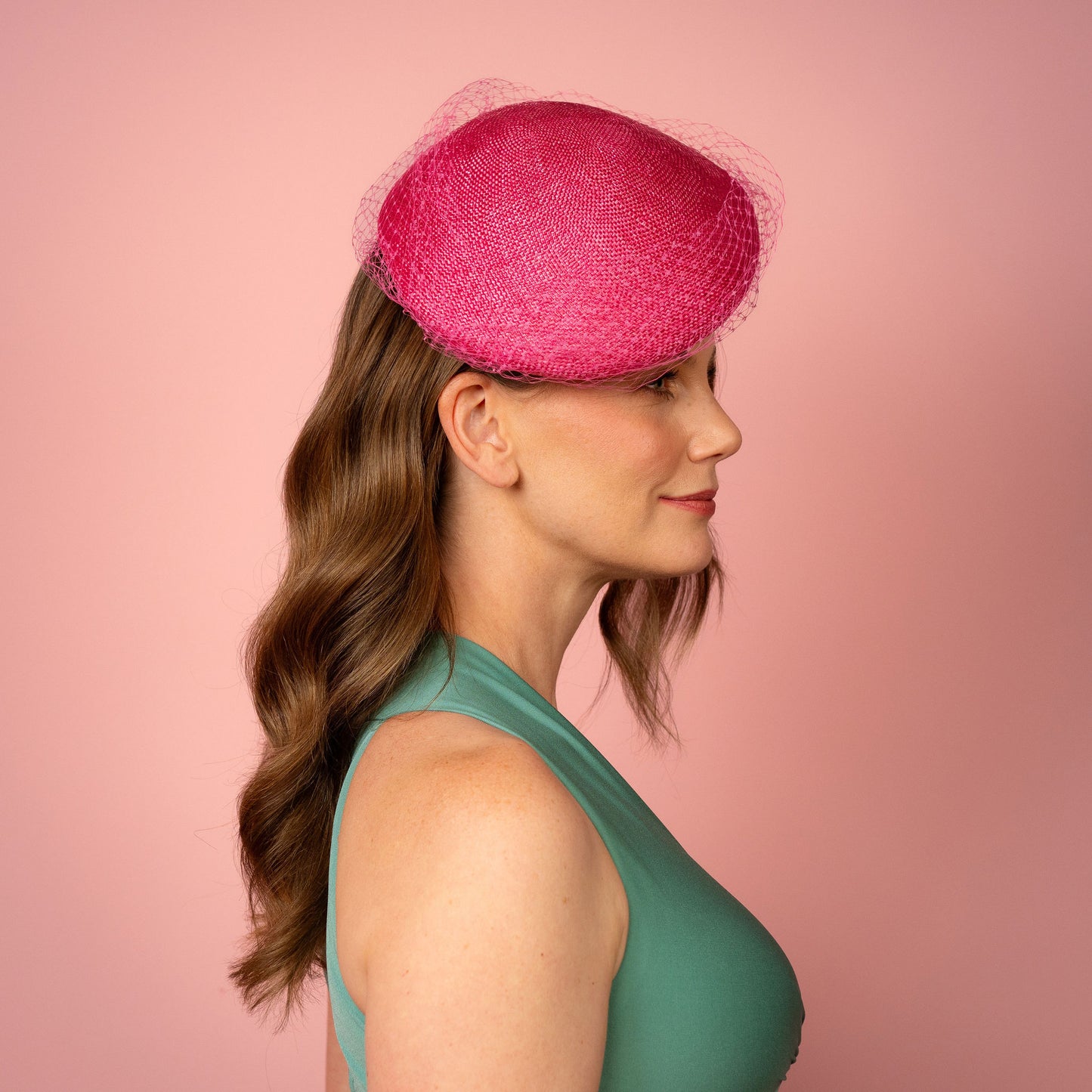 Clementine Straw Beret with veiling in pink Spring Racing Headpiece
