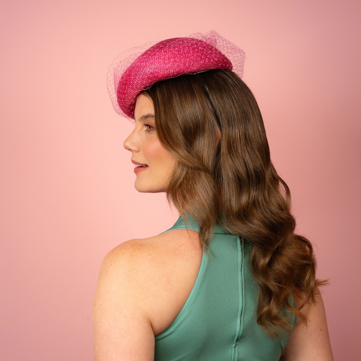 Clementine Straw Beret with veiling in pink Spring Racing Headpiece