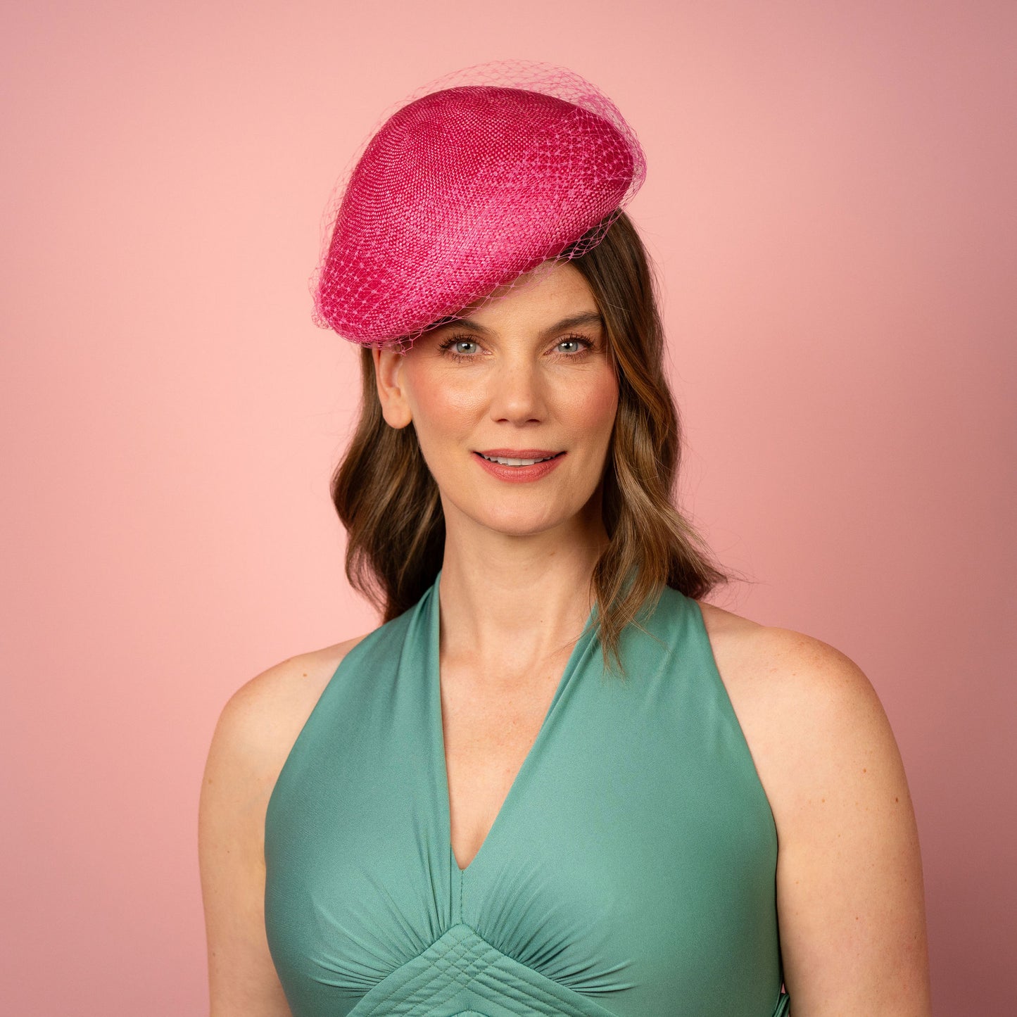 Clementine Straw Beret with veiling in pink Spring Racing Headpiece