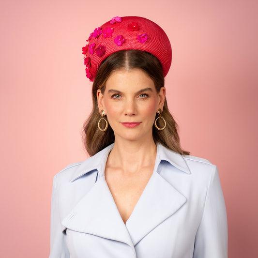 Daisy pillbox in magenta pink straw and flowers Spring Racing Headpiece