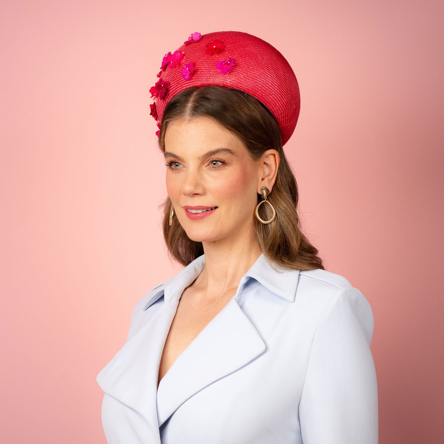 Daisy pillbox in magenta pink straw and flowers Spring Racing Headpiece