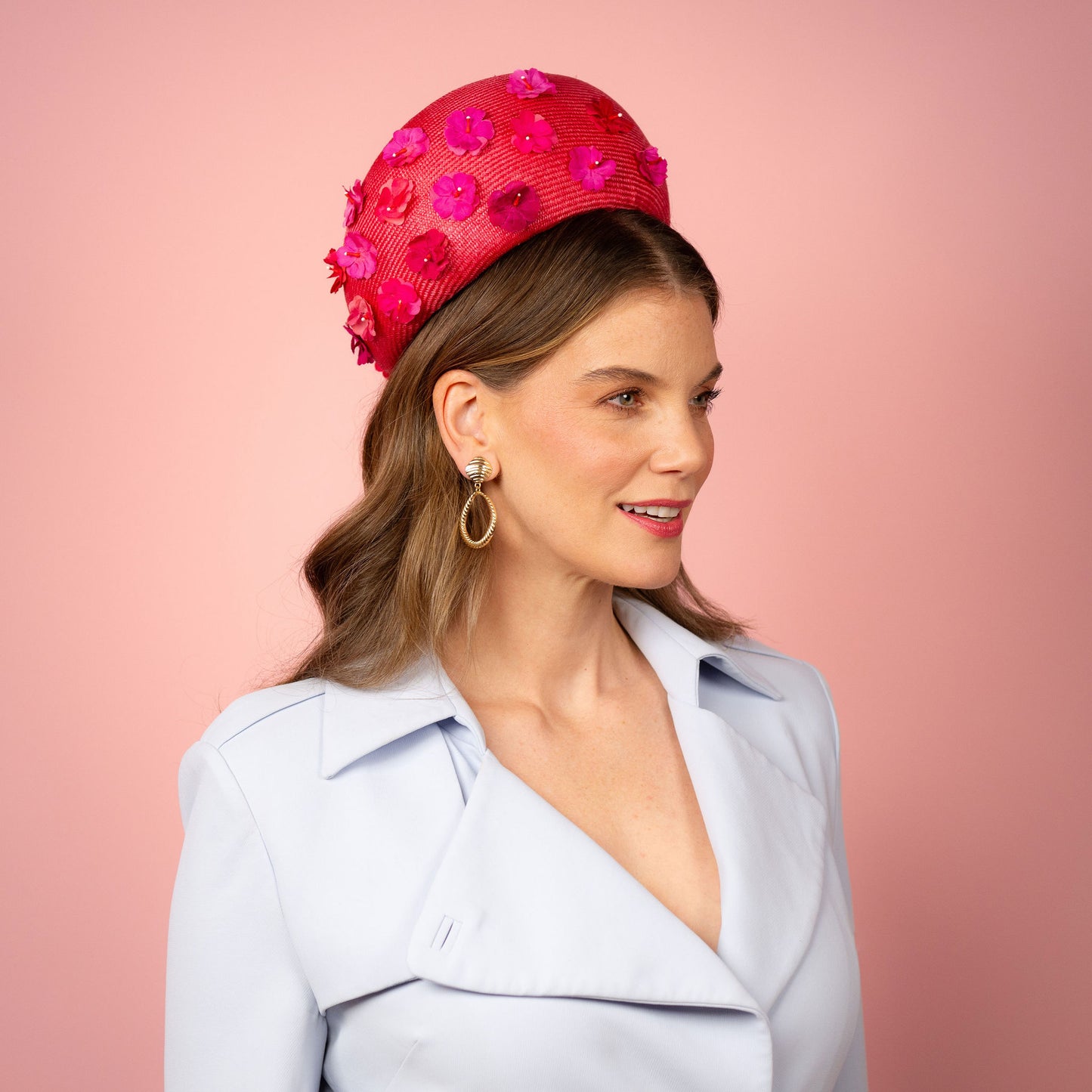 Daisy pillbox in magenta pink straw and flowers Spring Racing Headpiece