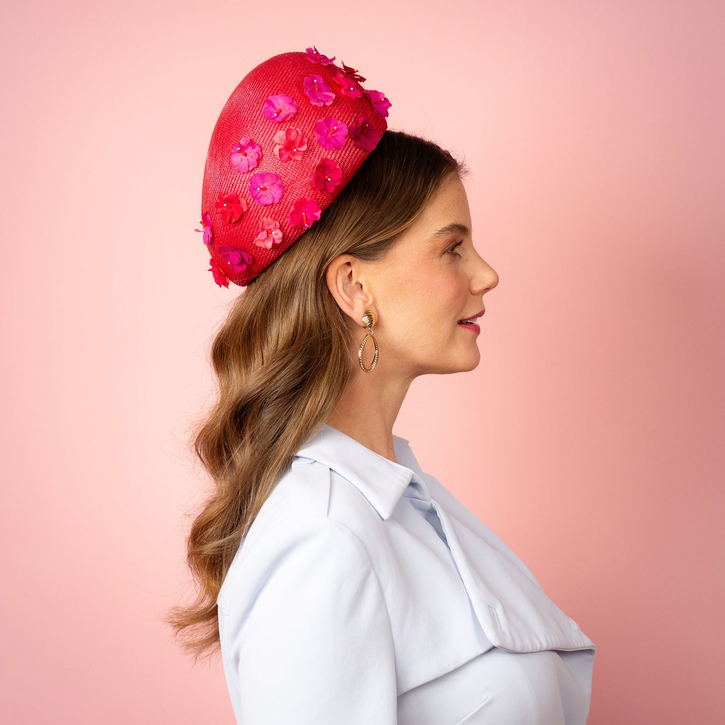 Daisy pillbox in magenta pink straw and flowers Spring Racing Headpiece