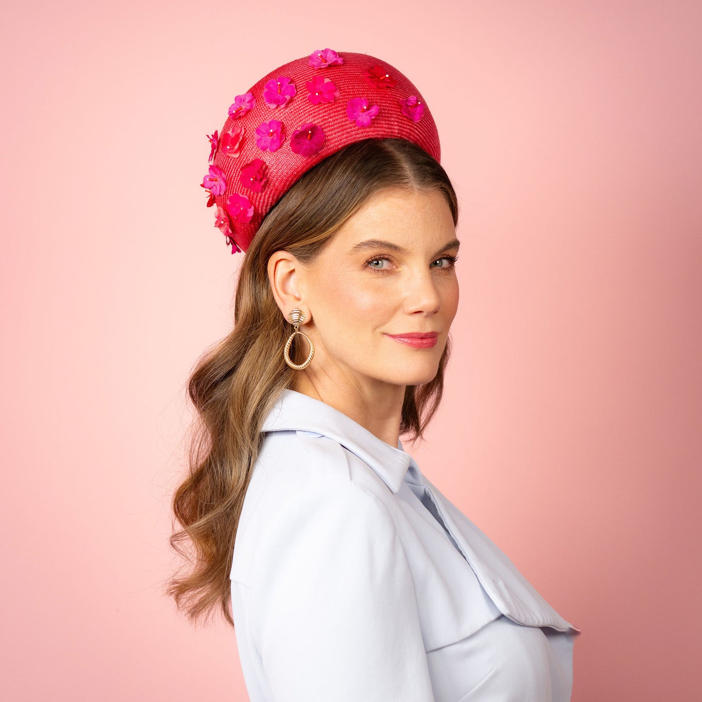 Daisy pillbox in magenta pink straw and flowers Spring Racing Headpiece