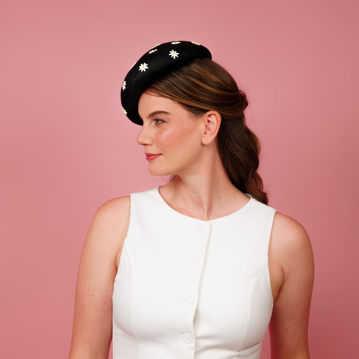Dawn Black in black with embroidered daisy