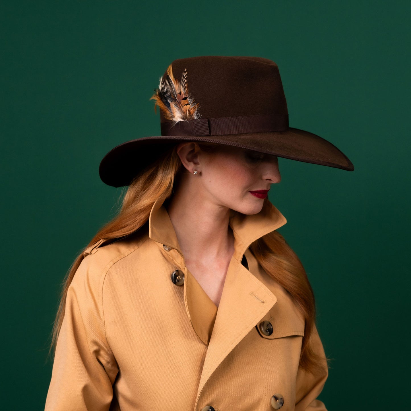 Dell Brown Felt Fedora Hat with feather trim Winter Racewear Hat