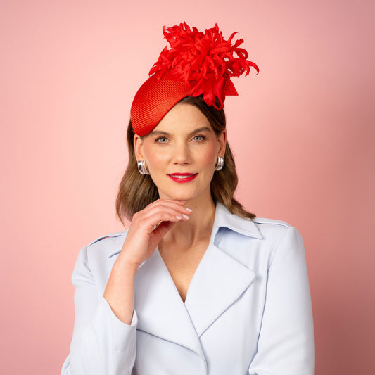 Delphie straw beret with silk flowers in red Spring Racing Headpiece