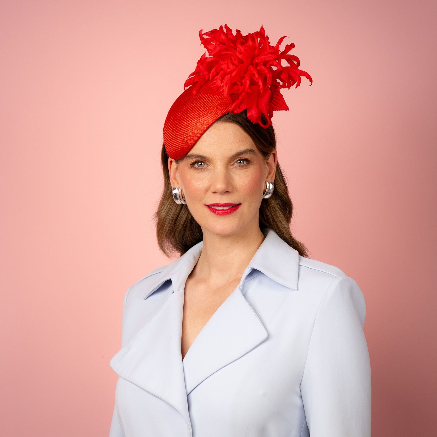 Delphie straw beret with silk flowers in red Spring Racing Headpiece