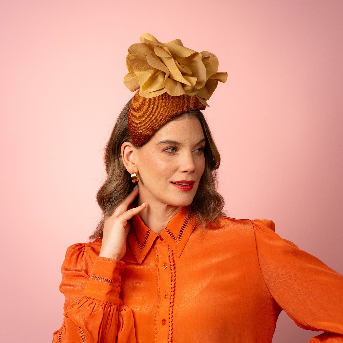 Eleanor Beret in Straw with Silk Poppies in Bronze and Gold Spring Racing Headpiece