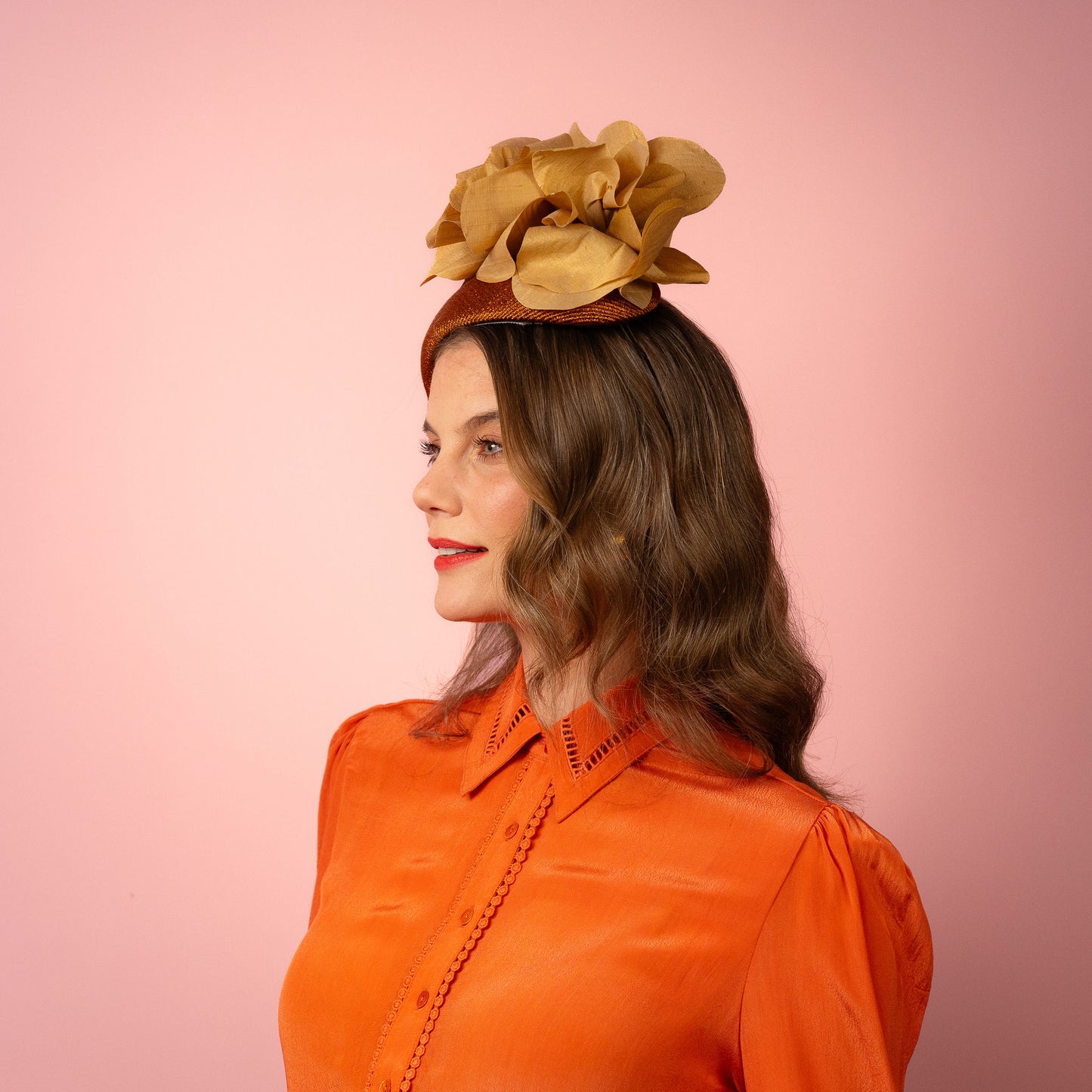 Eleanor Beret in Straw with Silk Poppies in Bronze and Gold Spring Racing Headpiece