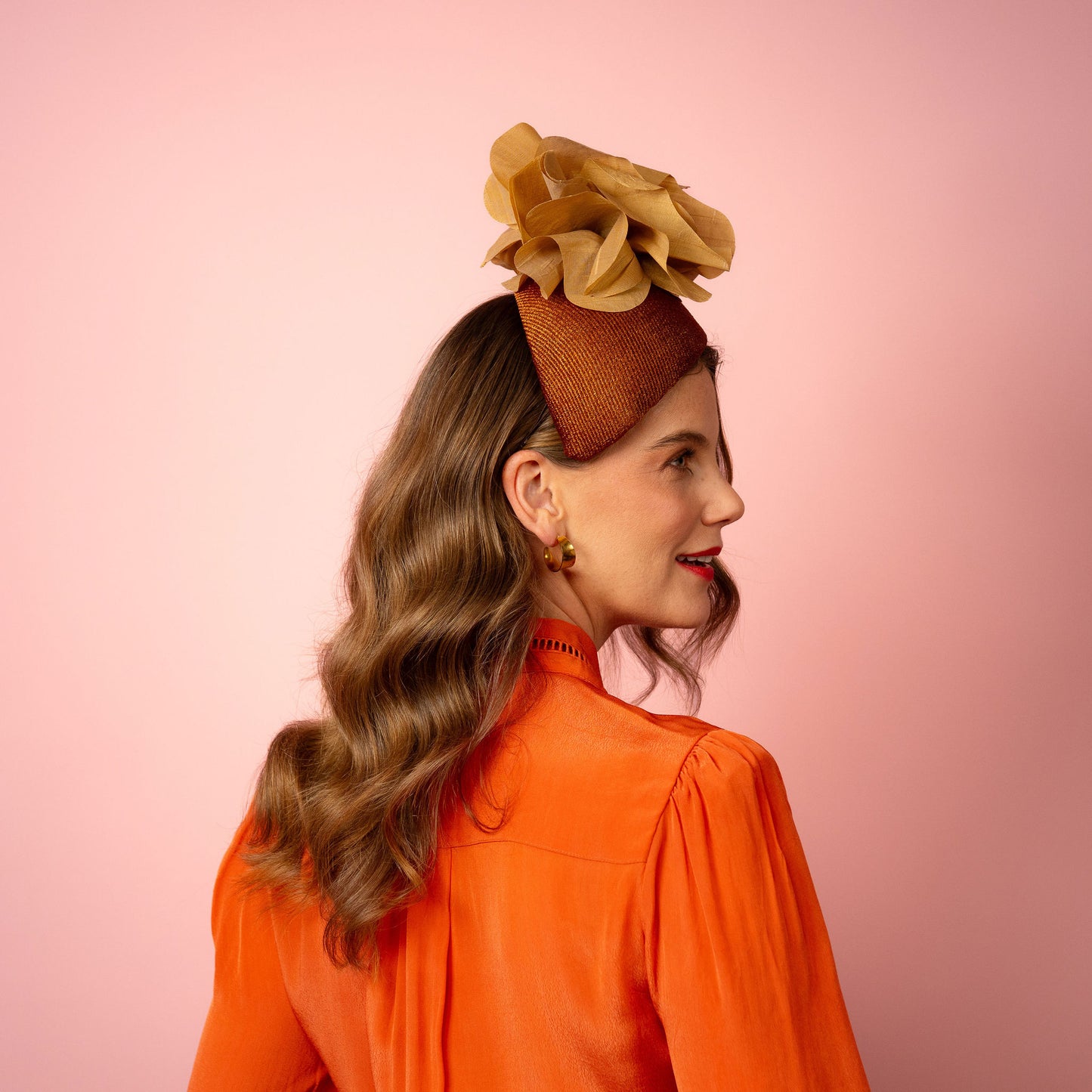 Eleanor Beret in Straw with Silk Poppies in Bronze and Gold Spring Racing Headpiece