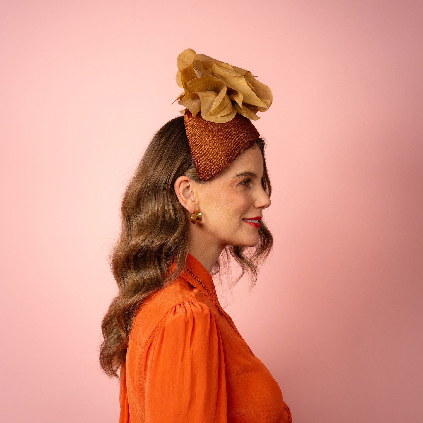 Eleanor Beret in Straw with Silk Poppies in Bronze and Gold Spring Racing Headpiece