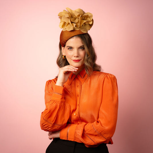 Eleanor Beret in Straw with Silk Poppies in Bronze and Gold Spring Racing Headpiece