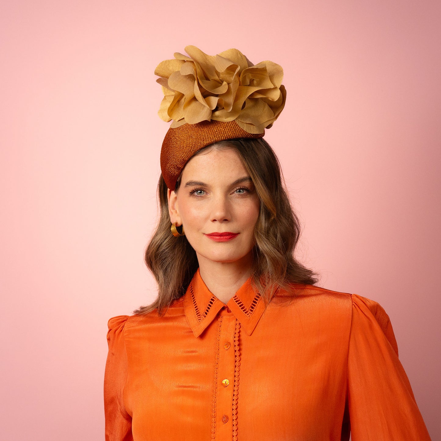 Eleanor Beret in Straw with Silk Poppies in Bronze and Gold Spring Racing Headpiece