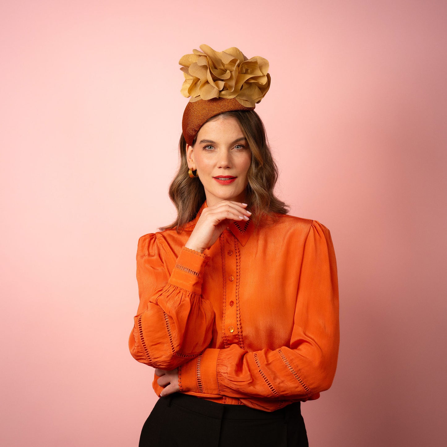 Eleanor Beret in Straw with Silk Poppies in Bronze and Gold Spring Racing Headpiece