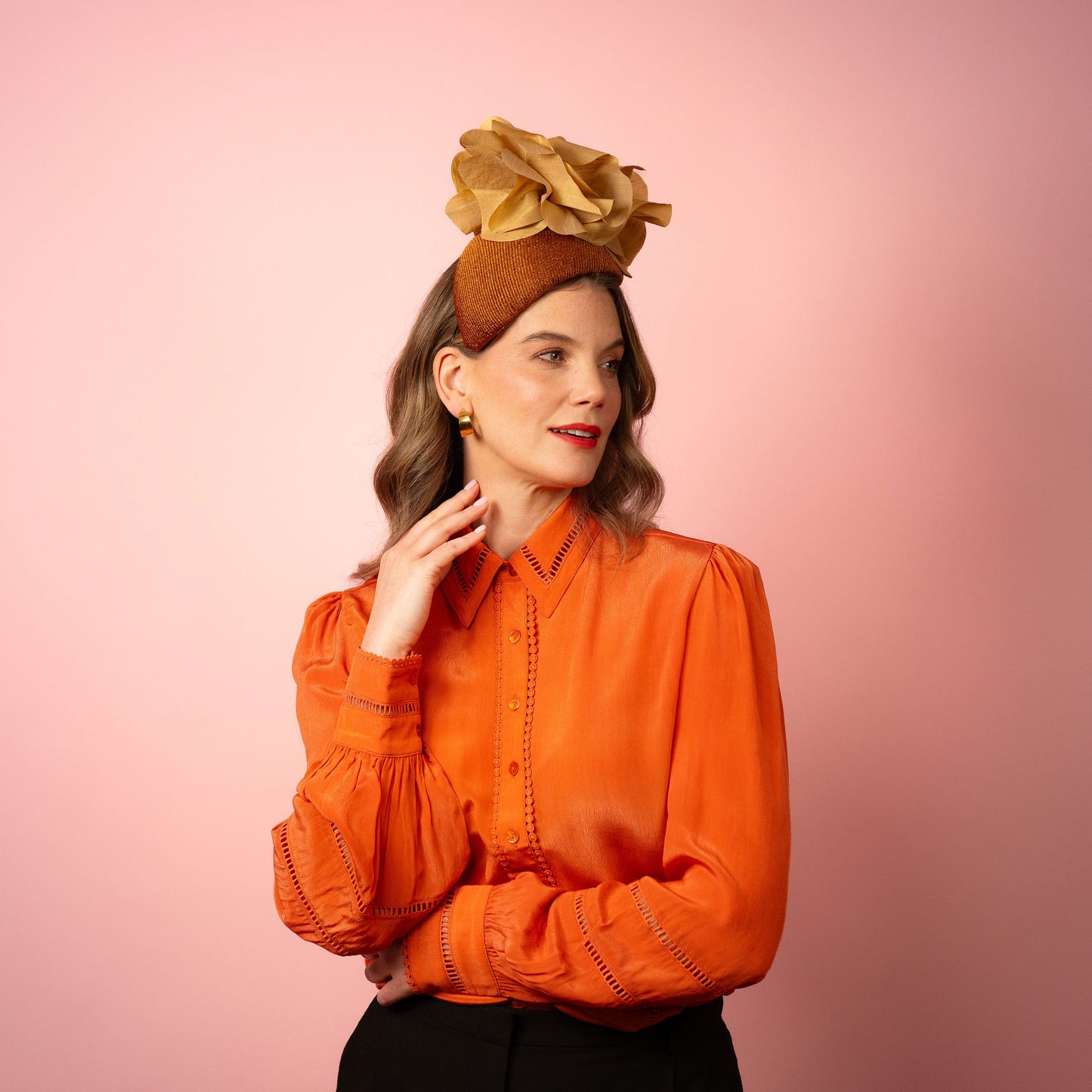 Eleanor Beret in Straw with Silk Poppies in Bronze and Gold Spring Racing Headpiece