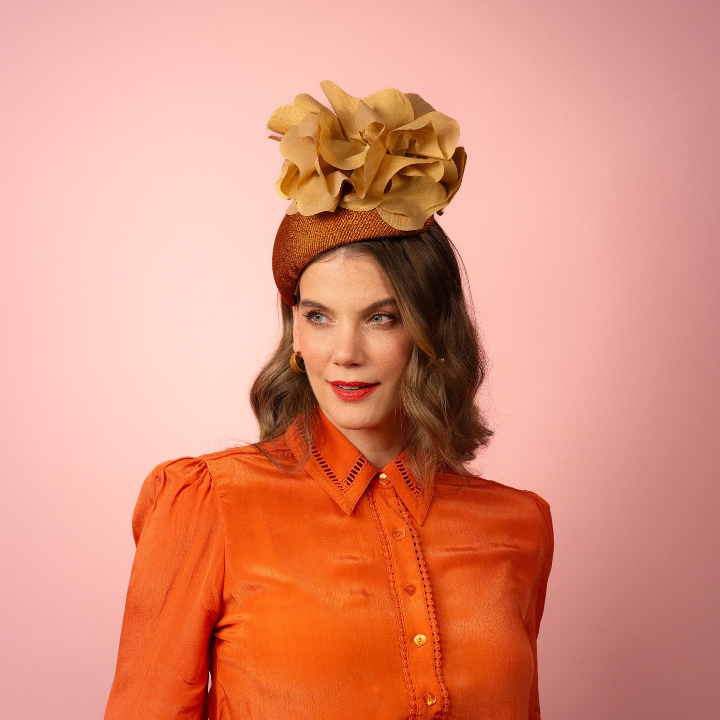 Eleanor Beret in Straw with Silk Poppies in Bronze and Gold Spring Racing Headpiece