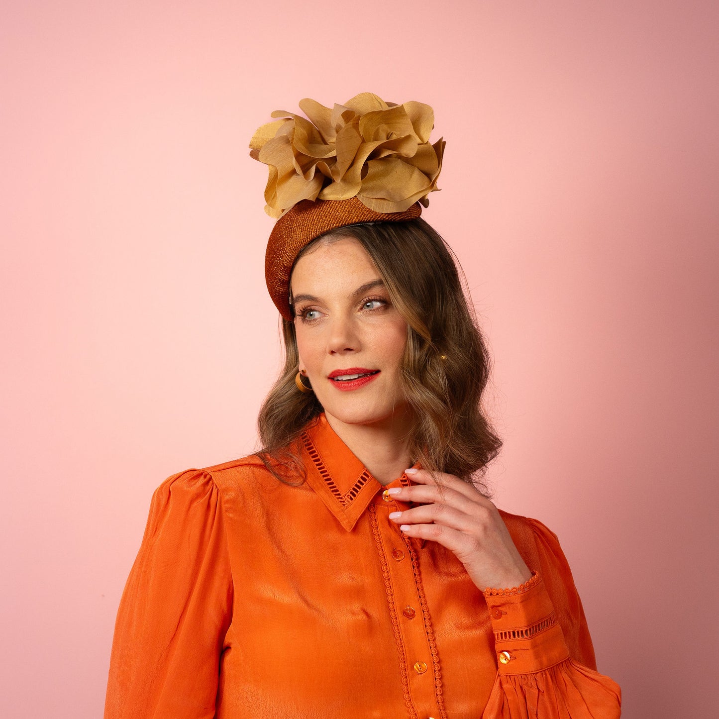 Eleanor Beret in Straw with Silk Poppies in Bronze and Gold Spring Racing Headpiece