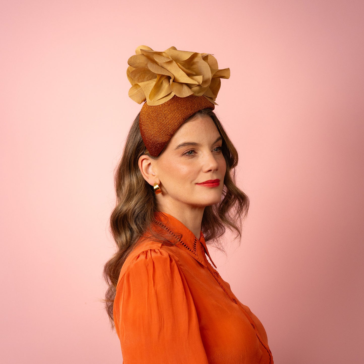 Eleanor Beret in Straw with Silk Poppies in Bronze and Gold Spring Racing Headpiece