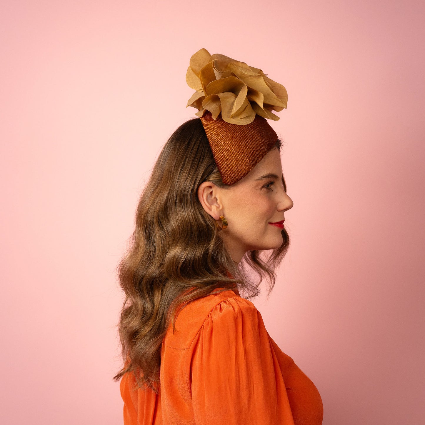 Eleanor Beret in Straw with Silk Poppies in Bronze and Gold Spring Racing Headpiece