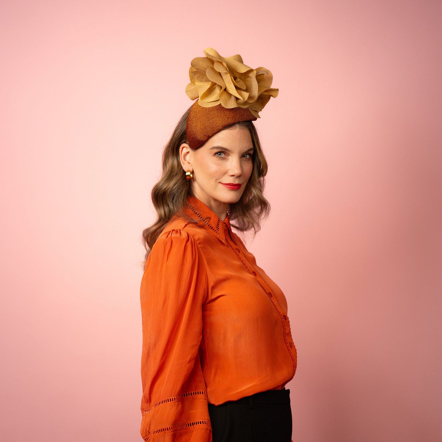 Eleanor Beret in Straw with Silk Poppies in Bronze and Gold Spring Racing Headpiece