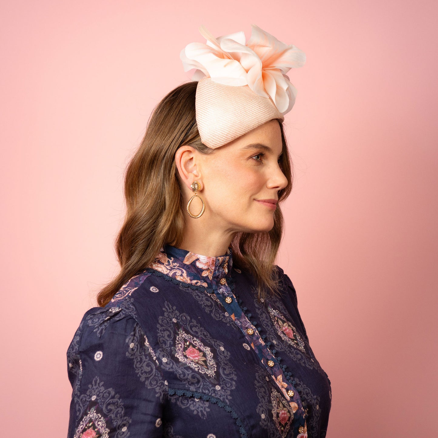 Eleanor Beret in Straw with Silk Poppies in Pale Pink Spring Racing Headpiece