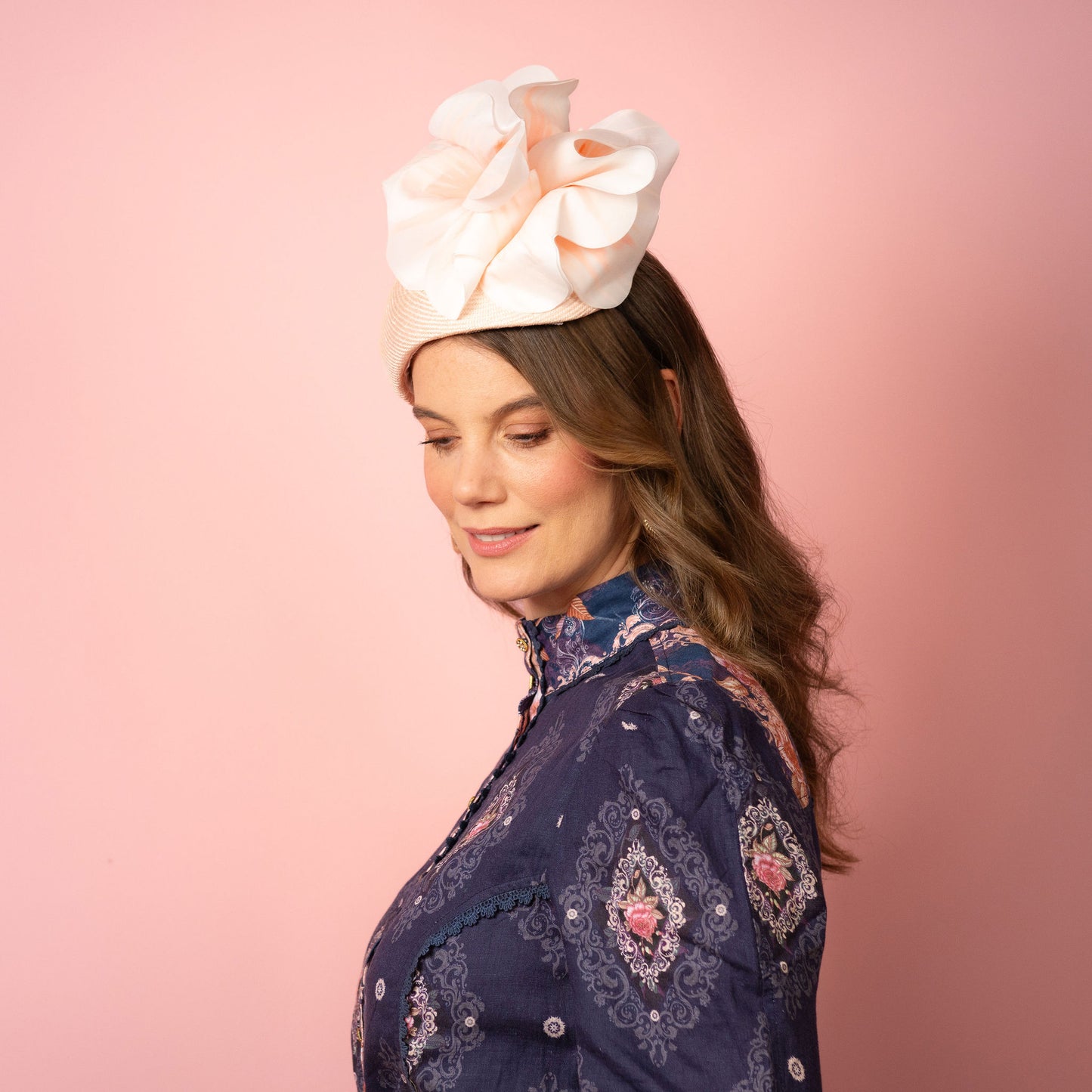 Eleanor Beret in Straw with Silk Poppies in Pale Pink Spring Racing Headpiece