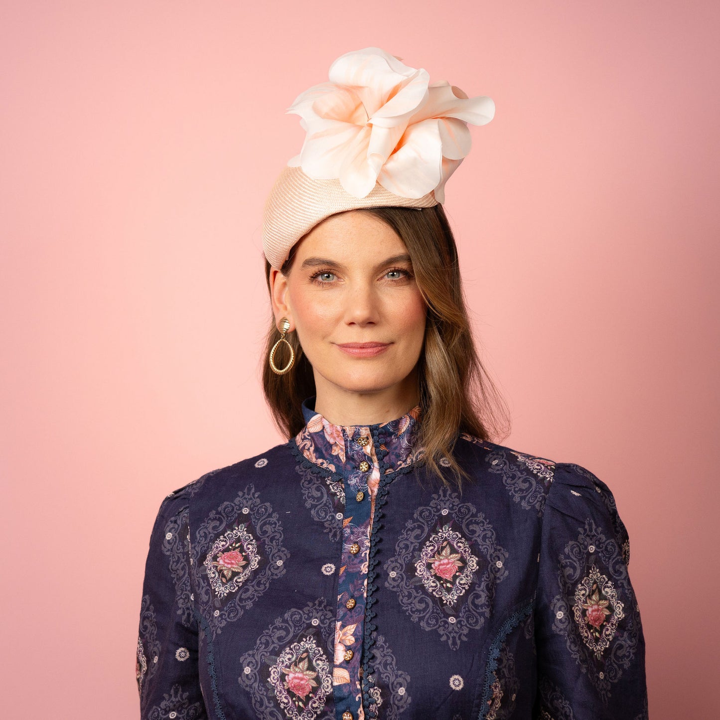Eleanor Beret in Straw with Silk Poppies in Pale Pink Spring Racing Headpiece
