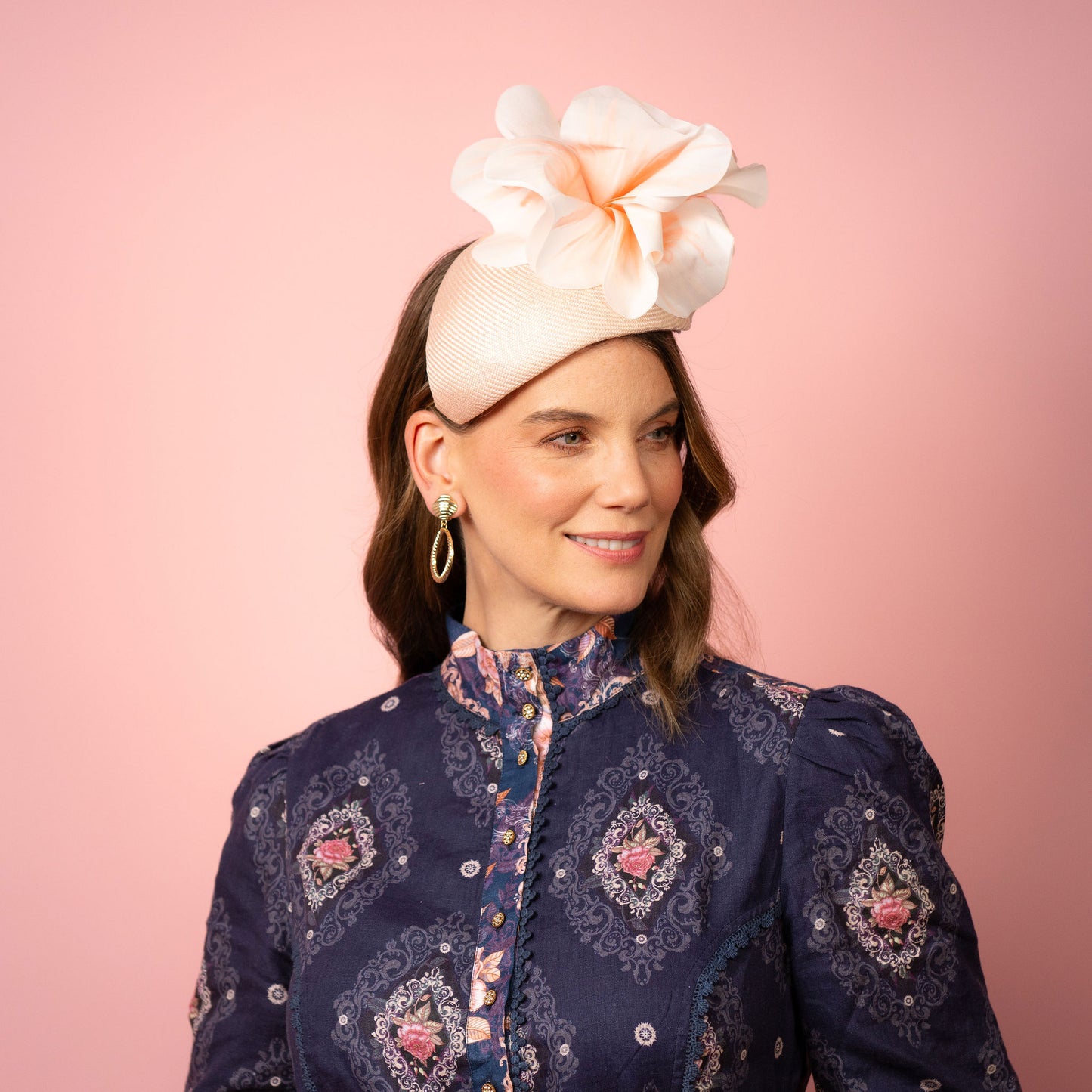 Eleanor Beret in Straw with Silk Poppies in Pale Pink Spring Racing Headpiece