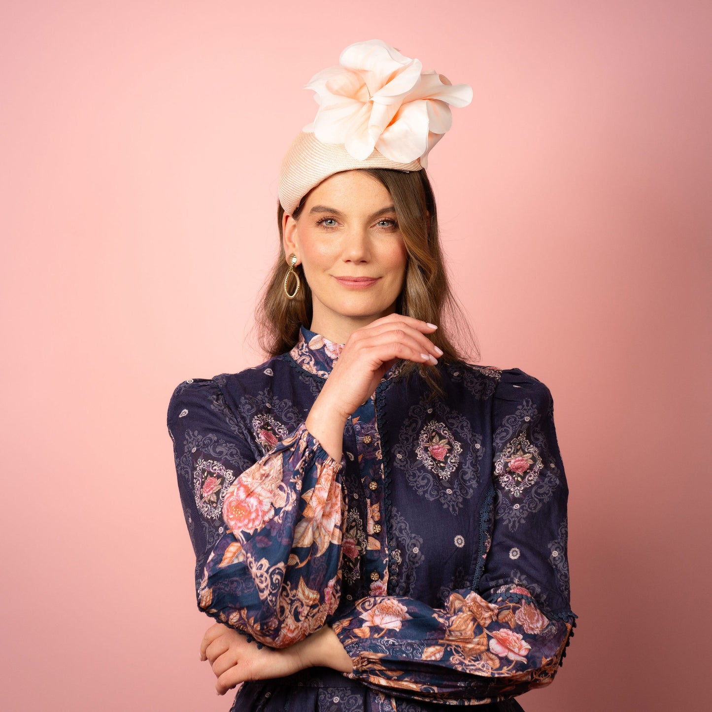 Eleanor Beret in Straw with Silk Poppies in Pale Pink Spring Racing Headpiece