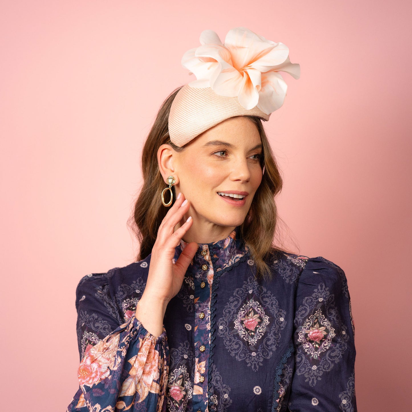 Eleanor Beret in Straw with Silk Poppies in Pale Pink Spring Racing Headpiece