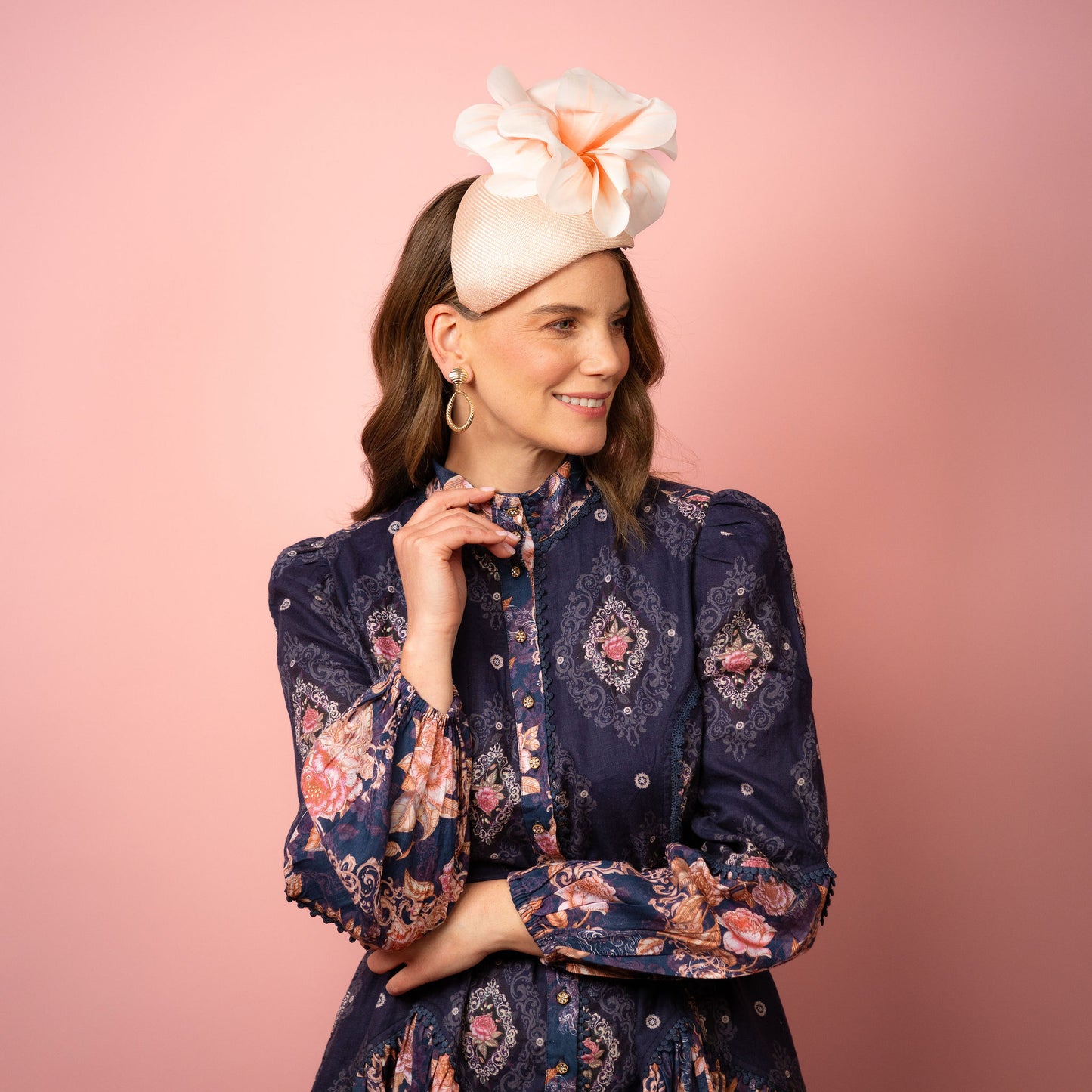 Eleanor Beret in Straw with Silk Poppies in Pale Pink Spring Racing Headpiece