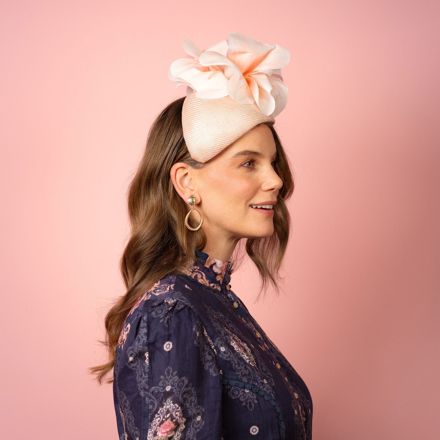 Eleanor Beret in Straw with Silk Poppies in Pale Pink Spring Racing Headpiece