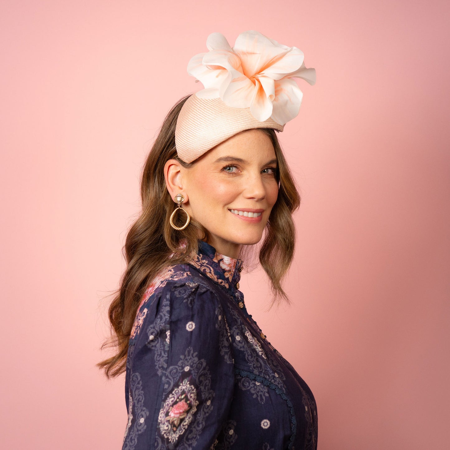 Eleanor Beret in Straw with Silk Poppies in Pale Pink Spring Racing Headpiece
