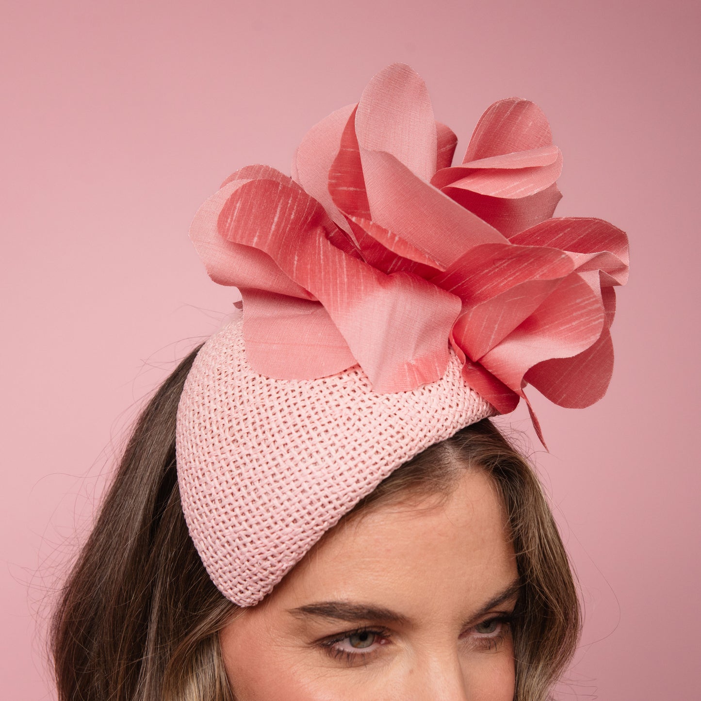 Eleanor Beret in Straw with Silk Poppies in Pale Pink Spring Racewear Headpiece