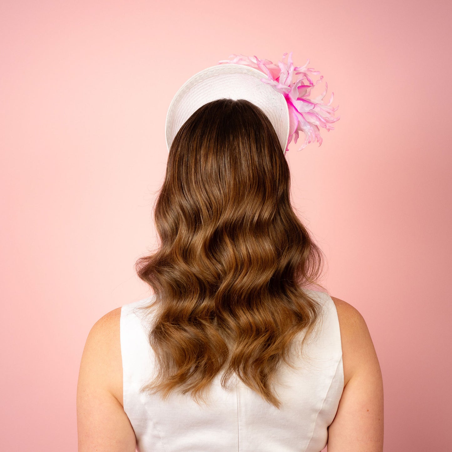 Emma Halo in white with pink and white flowers Spring Racing Headpiece
