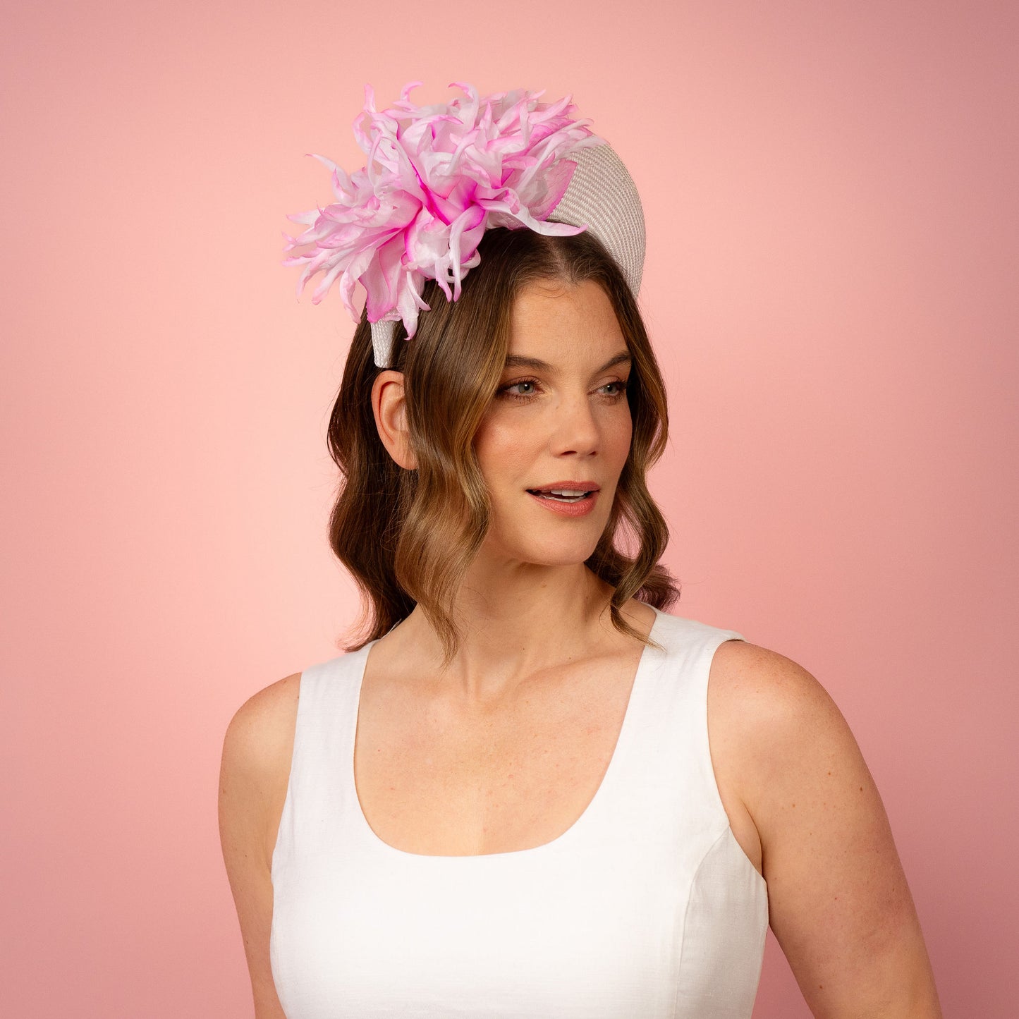 Emma Halo in white with pink and white flowers Spring Racing Headpiece