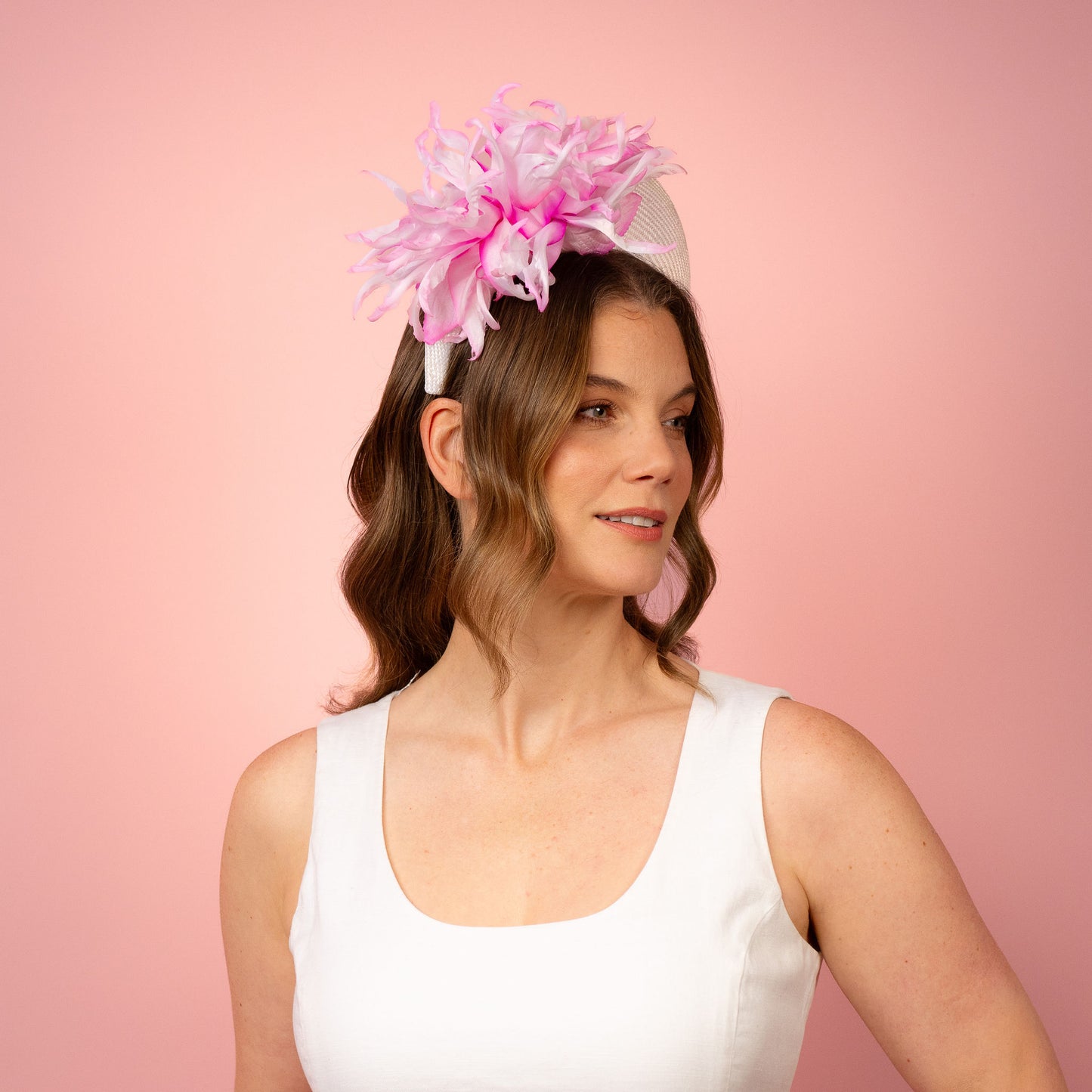 Emma Halo in white with pink and white flowers Spring Racing Headpiece