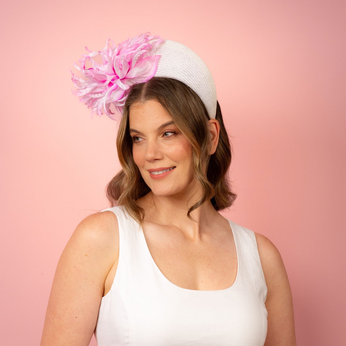 Emma Halo in white with pink and white flowers Spring Racing Headpiece