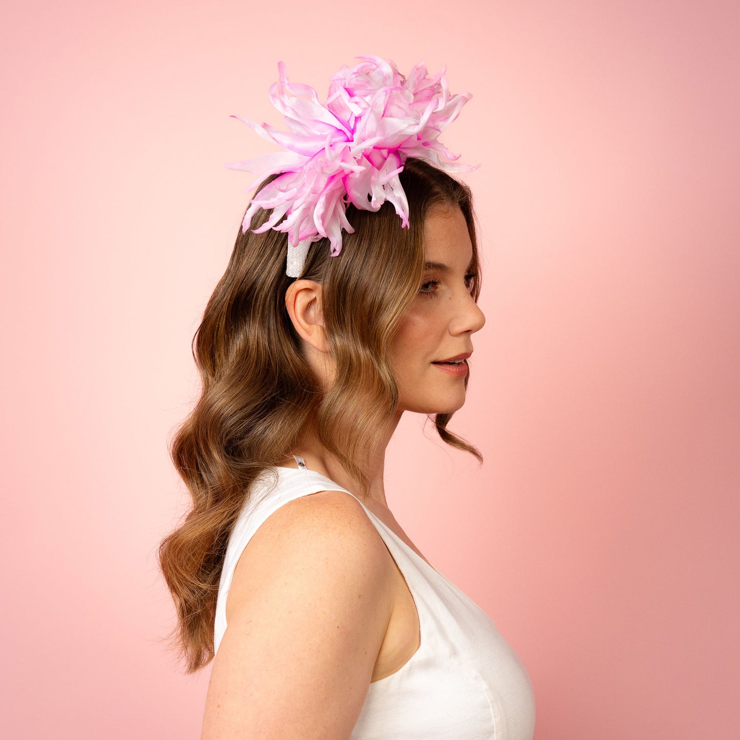 Emma Halo in white with pink and white flowers Spring Racing Headpiece