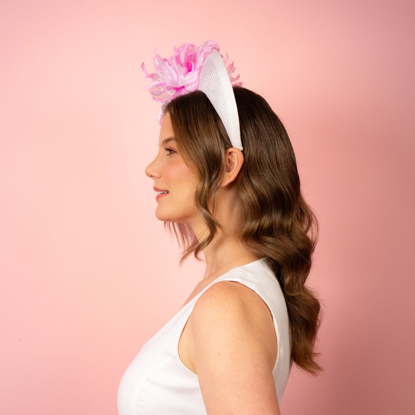 Emma Halo in white with pink and white flowers Spring Racing Headpiece