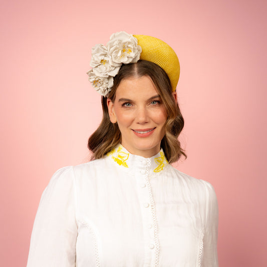 Emma Halo in yellow with vintage flowers Spring Racing Headpiece