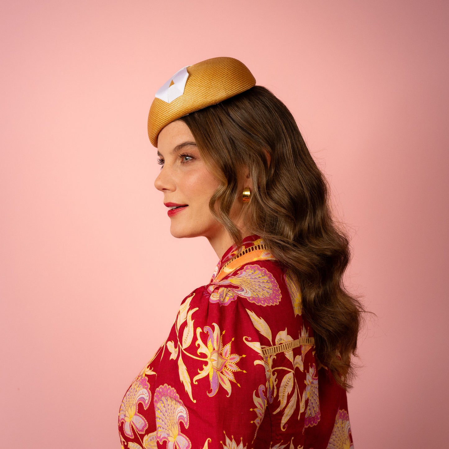 Evelyn Beret in gold straw with white infinity bow Spring Racing Headpiece