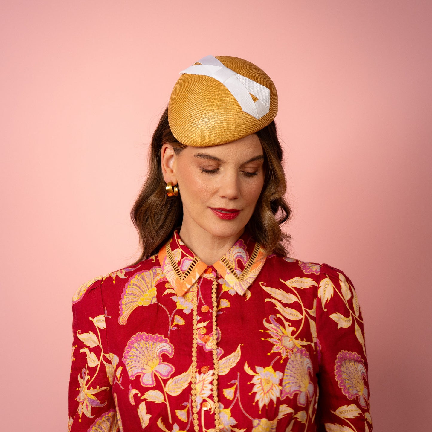 Evelyn Beret in gold straw with white infinity bow Spring Racing Headpiece